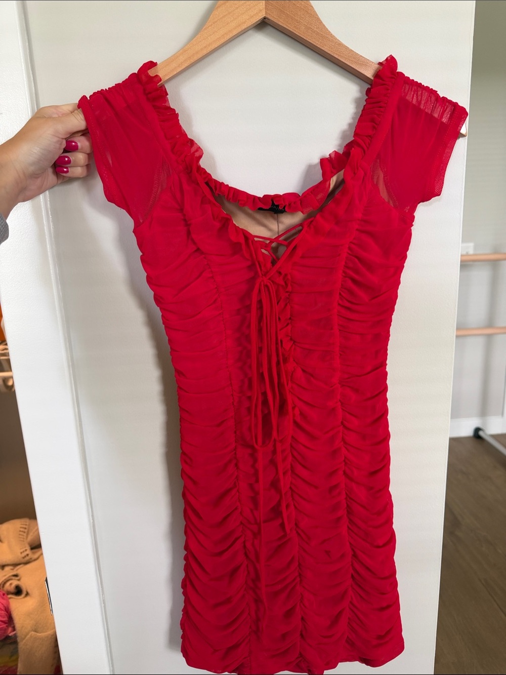 Majorelle Red Ruched Lace-Up Mini Dress